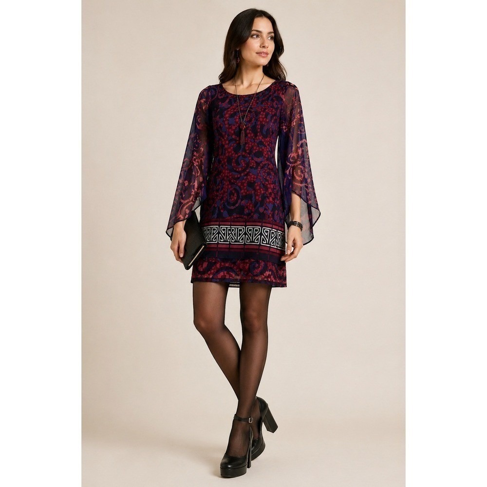 Analili Mini Dress Women S Purple Red Printed Silk Chiffon Bell Sleeve NWT